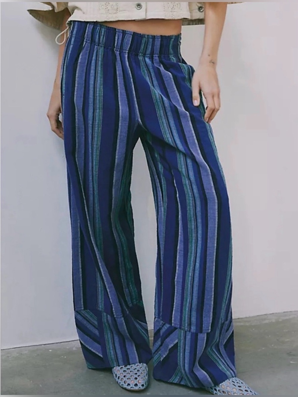 Wide-Leg Striped Blue Women's Pants